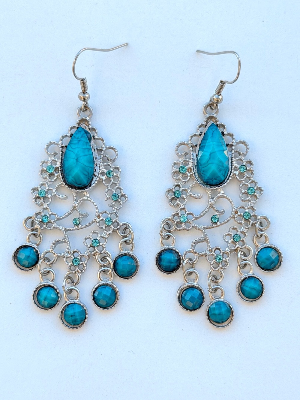 Faux Turquoise and Light Blue Rhinestones Silver-Tone Chandelier Dangle Earrings - Picture 1 of 2